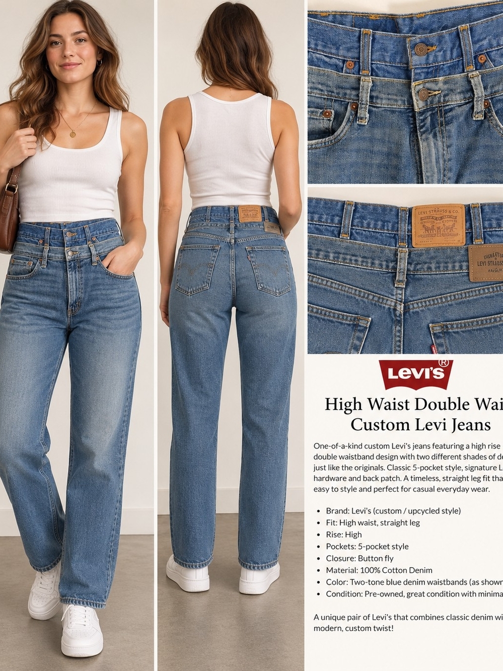 Levi's High Waist Double Waistband Straight Leg Jeans - Blue Size 34/30